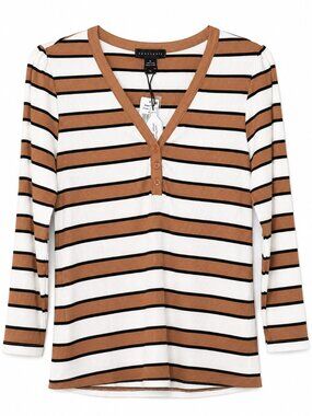 NWT Sanctuary Striped Ribbed Henley V-Neck Top XL Brown Cream Black